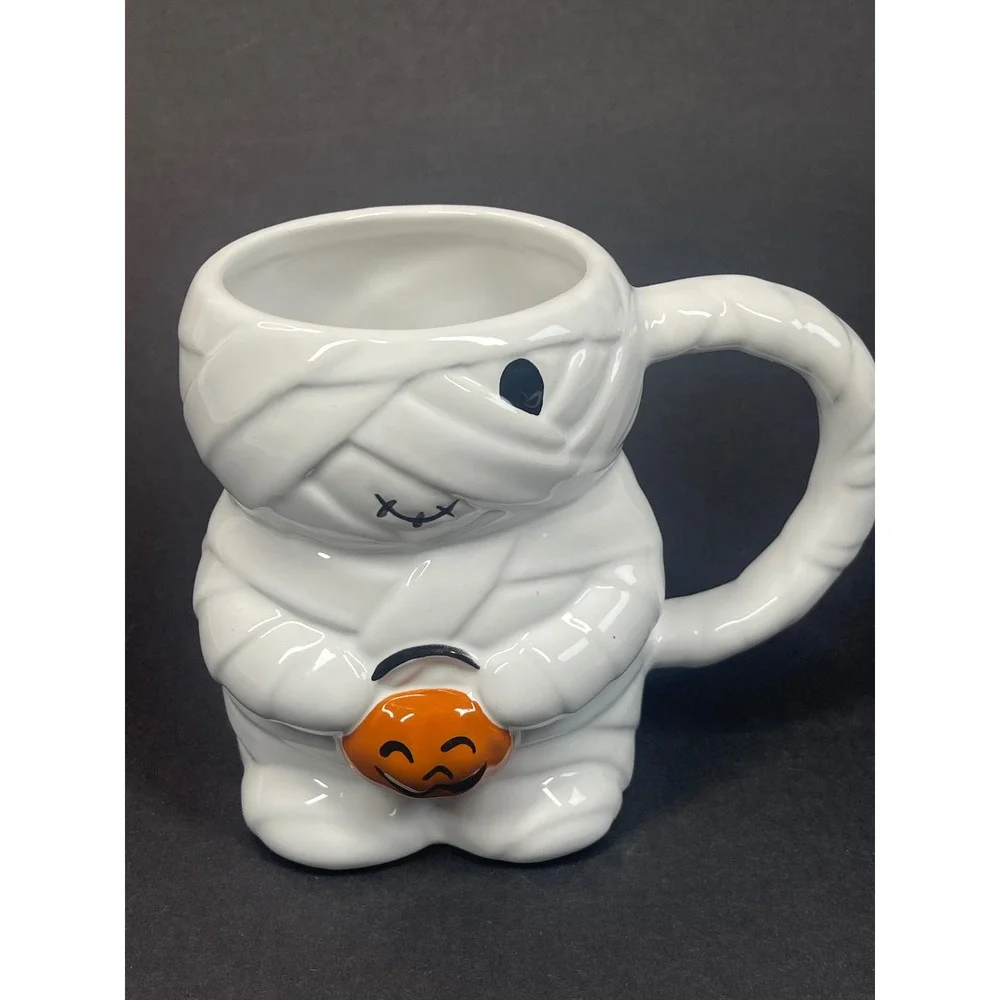 Halloween Mummy Mug Ceramic 16oz Figural Pumpkin Bucket White